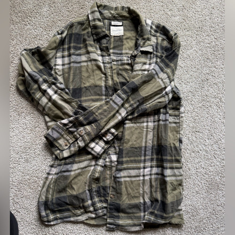 American Eagle Outfitters Olive and Gray Plaid Shirt